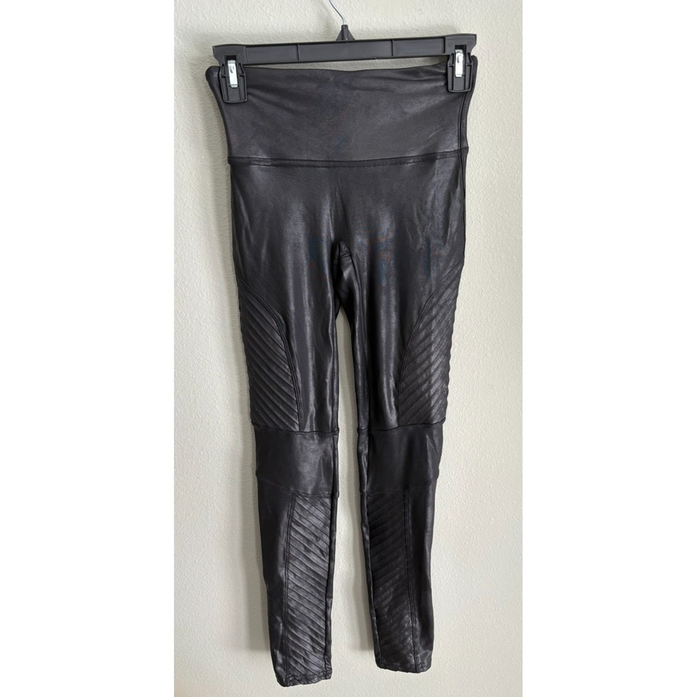 Spanx Womens Black Stretch Moto Faux Leather Elastic Waist‎ Leggings Size S/P